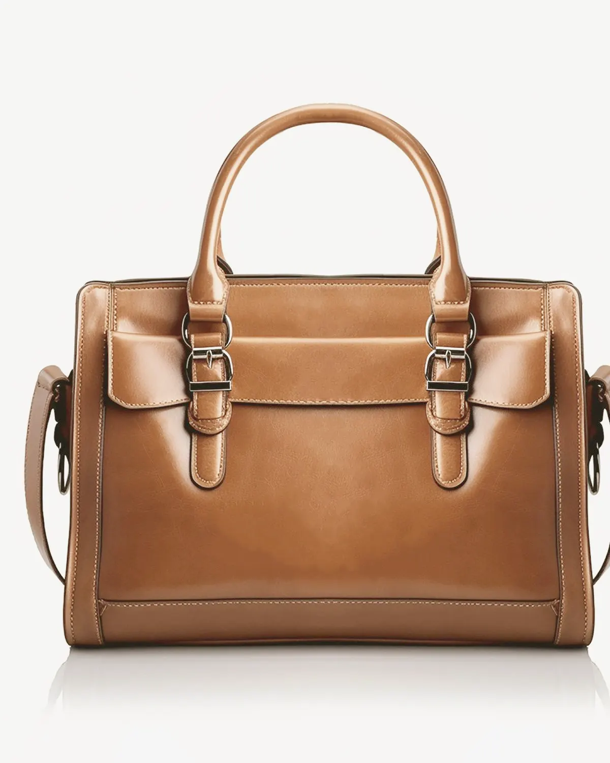 Brown leather handbag with buckled straps