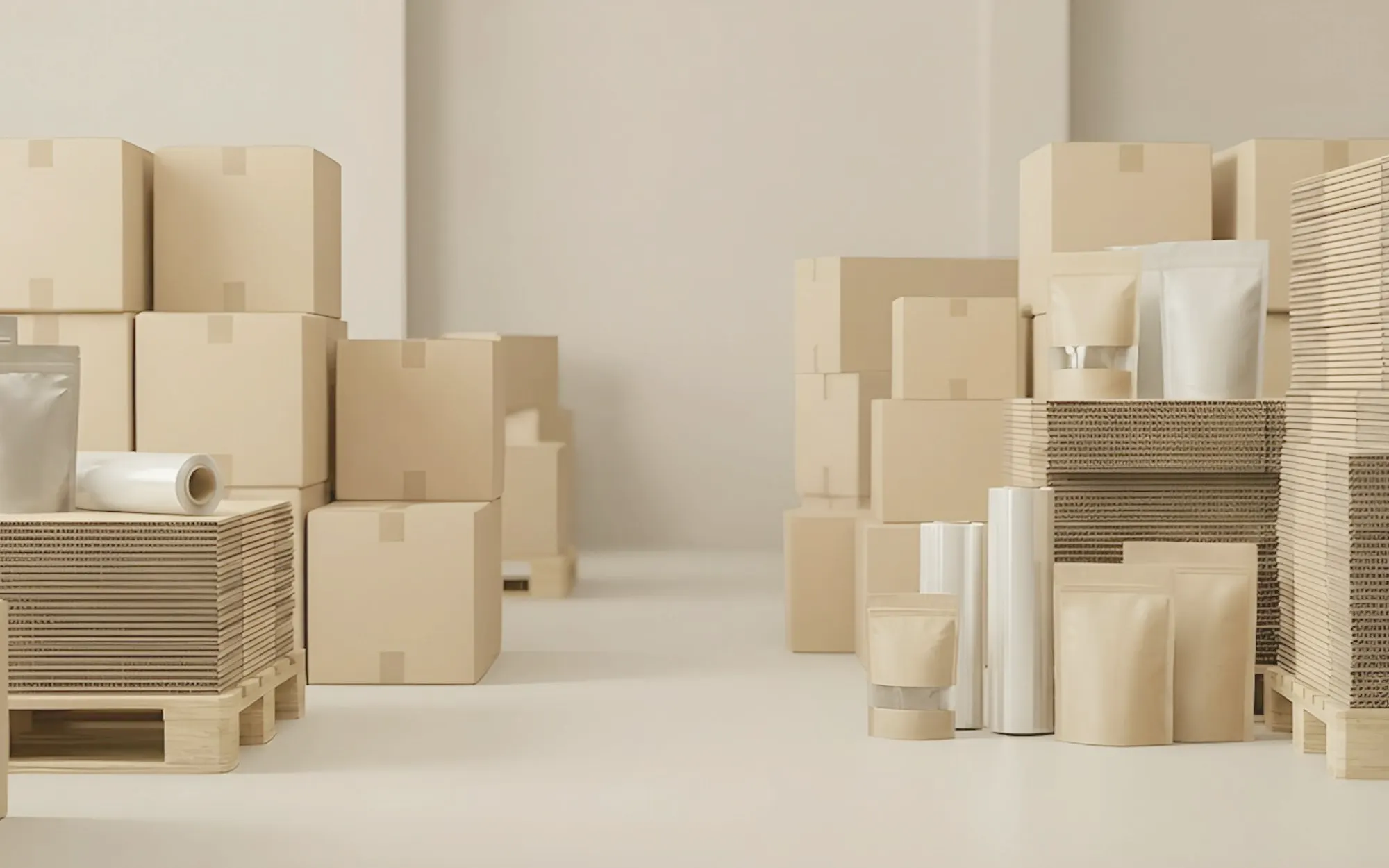 Cartons and packing materials stacked on pallets, ready for dispatch